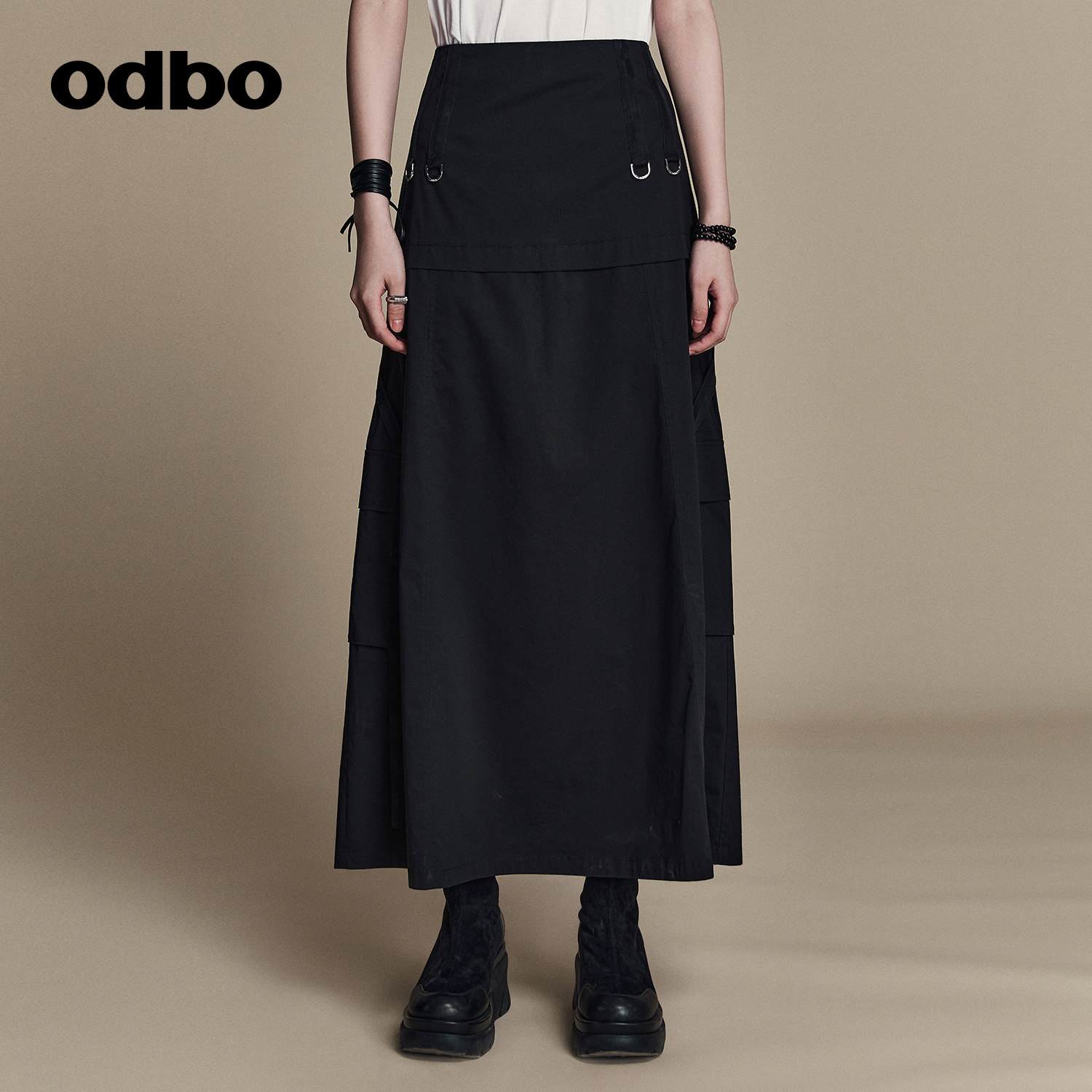 odbo/欧迪比欧美式工装风半身裙女夏高腰显瘦a字裙百搭设计感长裙