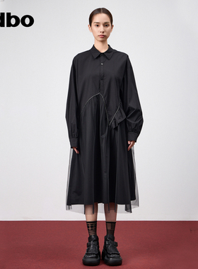 odbo/欧迪比欧 网纱拼接衬衫式连衣裙女夏设计感小众假两件长袖