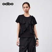 欧迪比欧个性 拼接短袖 t恤女夏新款 odbo 不规则设计感时尚 上衣潮牌