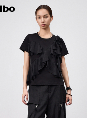 odbo/欧迪比欧个性拼接短袖t恤女夏新款不规则设计感时尚上衣潮牌