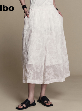 odbo/欧迪比欧 薄纱微透全棉阔腿裤女夏提花薄款直筒裤百搭七分裤