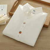 女长袖 秋季 饰猫咪刺绣白衬衫 小清新卡通装 学生娃娃领纯棉衬衣 新款