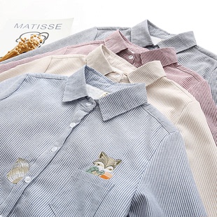 2025秋季新款加绒加厚衬衫女长袖学生文艺松鼠刺绣蓝条纹加棉衬衣