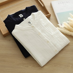 秋季新款大口袋立领纯棉双层棉纱白衬衫女长袖简约宽松婴儿棉衬衣