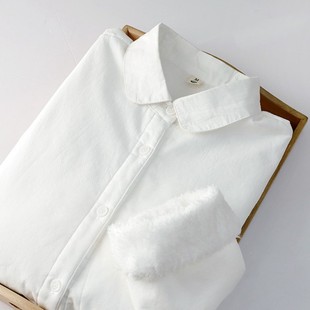 保暖加厚基础款 女长袖 打底衬衣 学生百搭娃娃领加绒白衬衫 秋冬新款