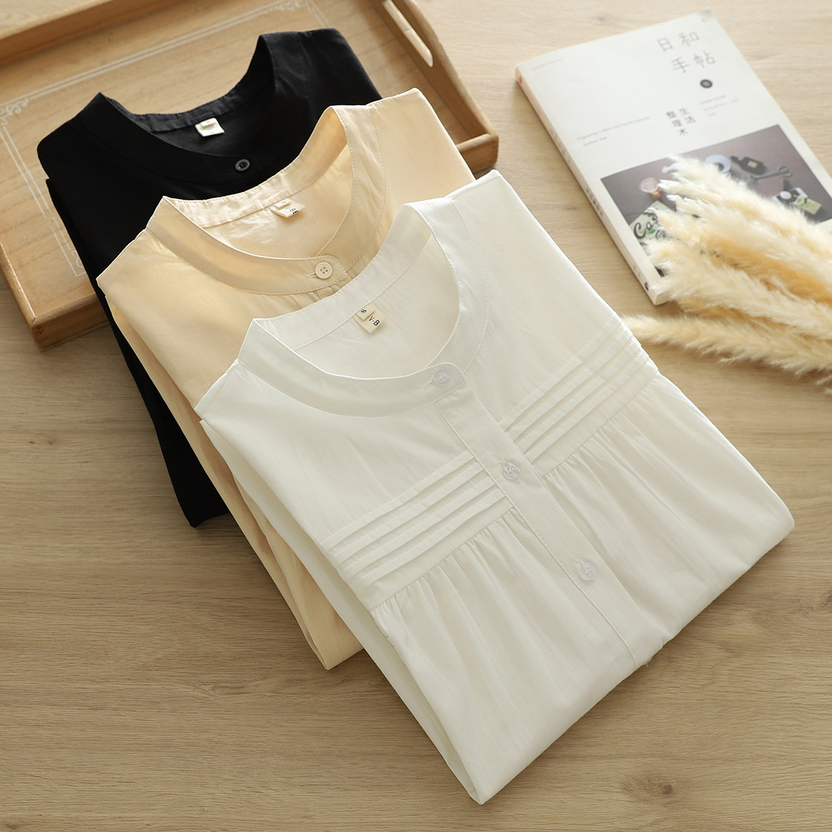 日系甜美文艺法式立领风琴褶皱纯棉衬衫女长袖学生软妹宽松白衬衣