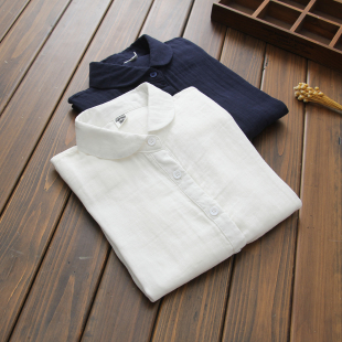 女长袖 简约文艺娃娃领全棉双层棉纱衬衫 学生百搭纯色衬衣 新款 秋季