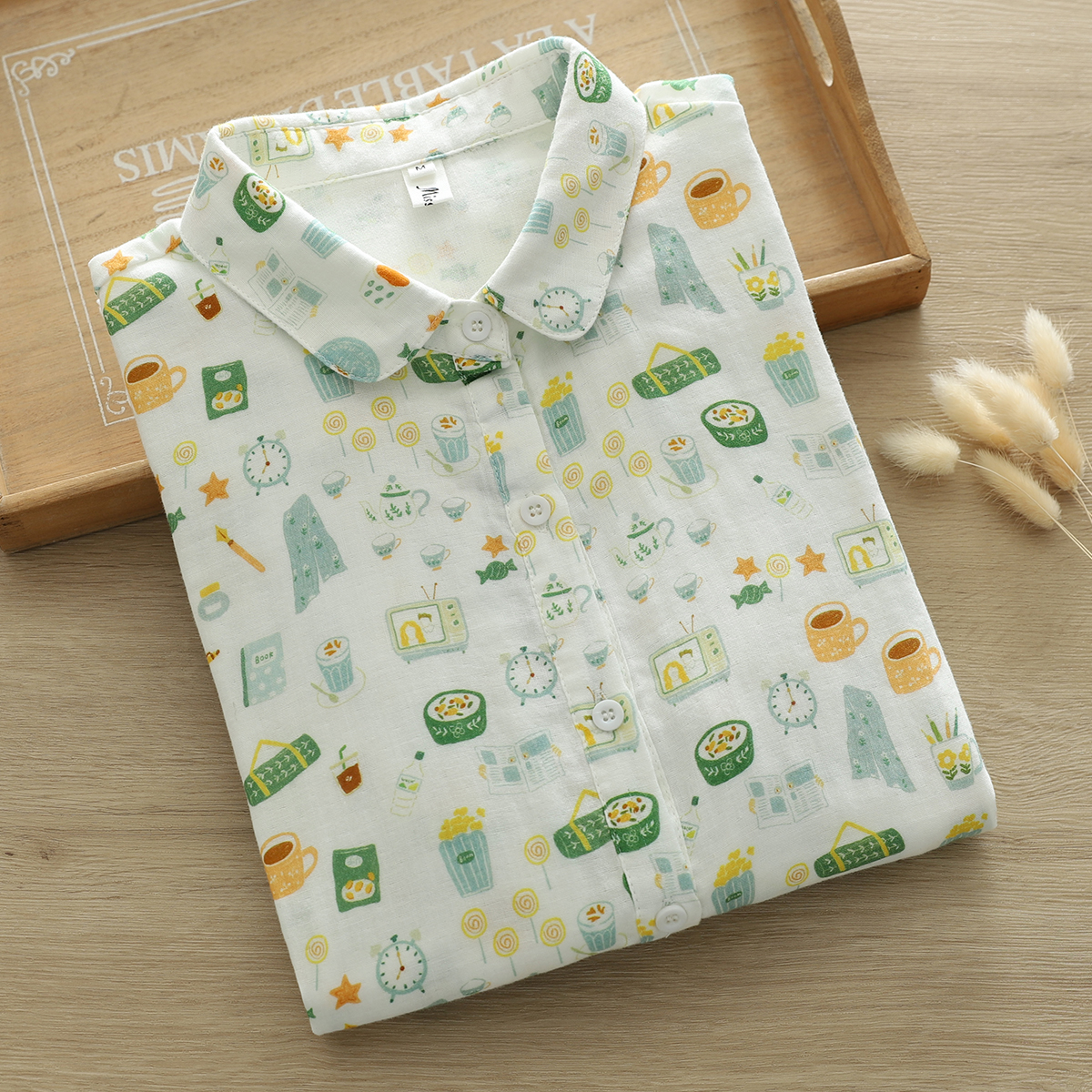 日系文艺森系全棉双层纱印花衬衫女长袖高品质外贸婴儿棉柔软衬衣