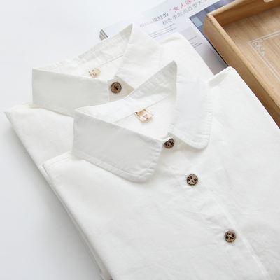 纯色木扣纯棉白色衬衫女