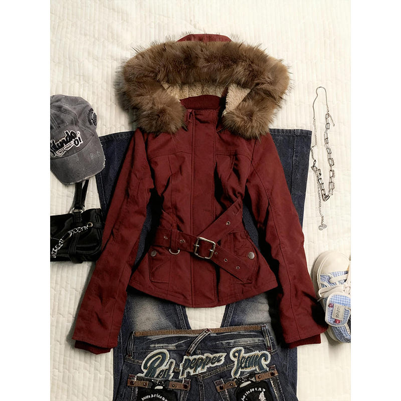 复古红色vintage毛领连帽外套女