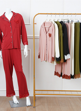 换季凯撒.Caser睡衣女士草本棉优雅蕾丝家居服套装大红BL02-3890