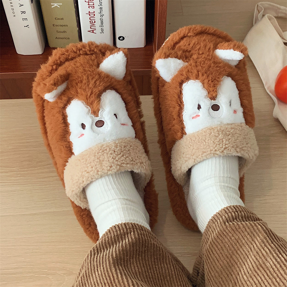 韩系ins风少女心可爱松鼠棉拖鞋女冬情侣休闲居家防滑保暖毛毛鞋