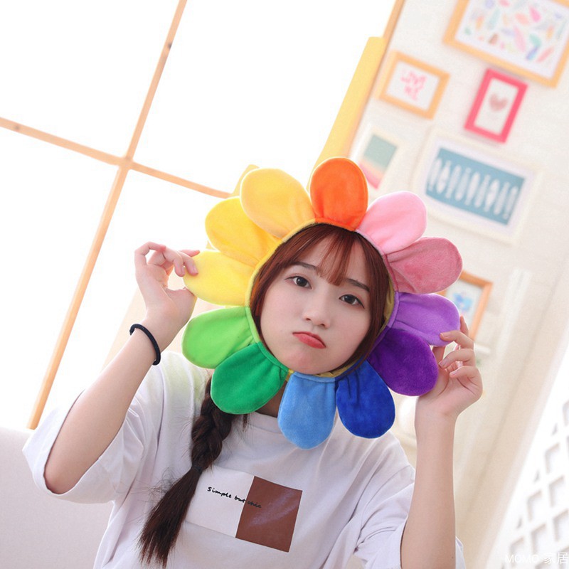 抖音七彩向日葵露脸头套太阳花帽子儿童表演出头饰运动会方队道具