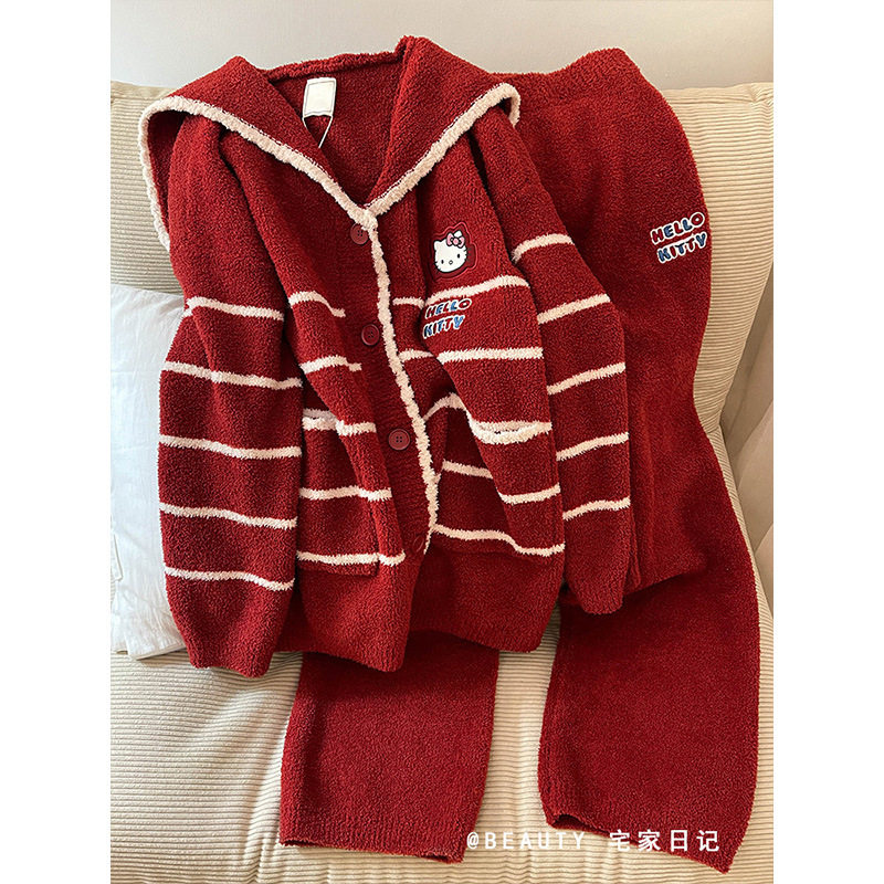红色新年卡通凯蒂猫半边绒睡衣女冬加绒领甜美圣诞家居服套装