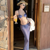 橙子泳衣蓝色波点比基尼女分体三件套性感度假风长裙泳衣套装