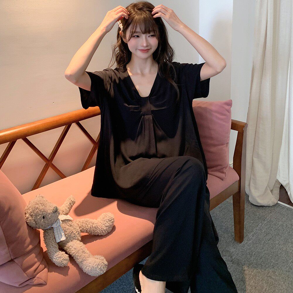 新款女士短袖长裤薄款人造棉棉绸纯色仙女风睡衣套装家居服可外穿