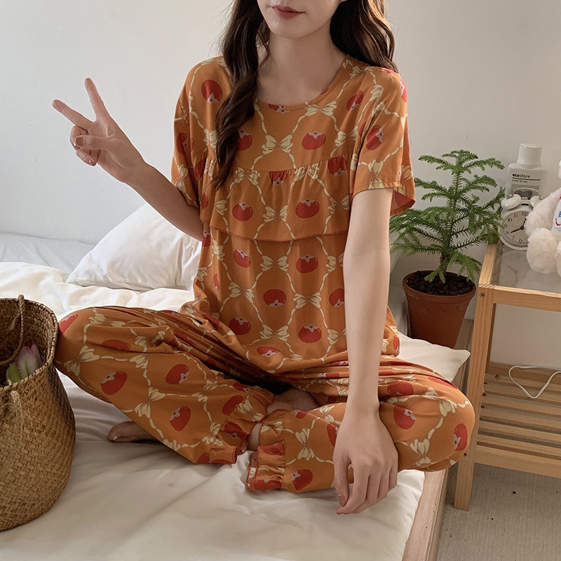 夏季女士短袖长裤薄款人造棉绸免穿文胸防凸点大码睡衣套装可外穿