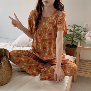 女士短袖 睡衣套装 长裤 人造棉绸免穿文胸防凸点大码 可外穿 薄款 夏季