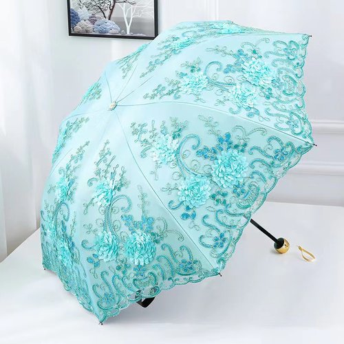 高档遮阳伞防晒防紫外线太阳伞女双层蕾丝刺绣折叠黑胶晴雨伞两用