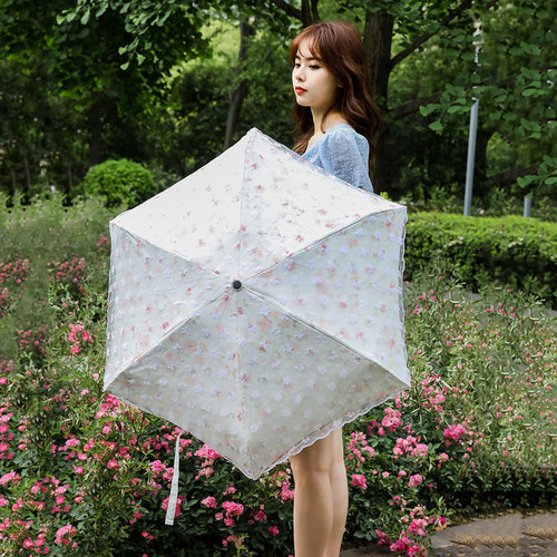 便携款五折伞双层小清新蕾丝黑胶