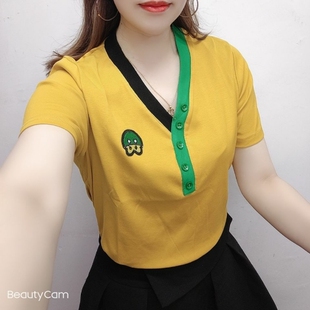 夏天v字领显瘦遮肚夏季女短款半袖v领时尚弹力爆款纯色短袖t恤女
