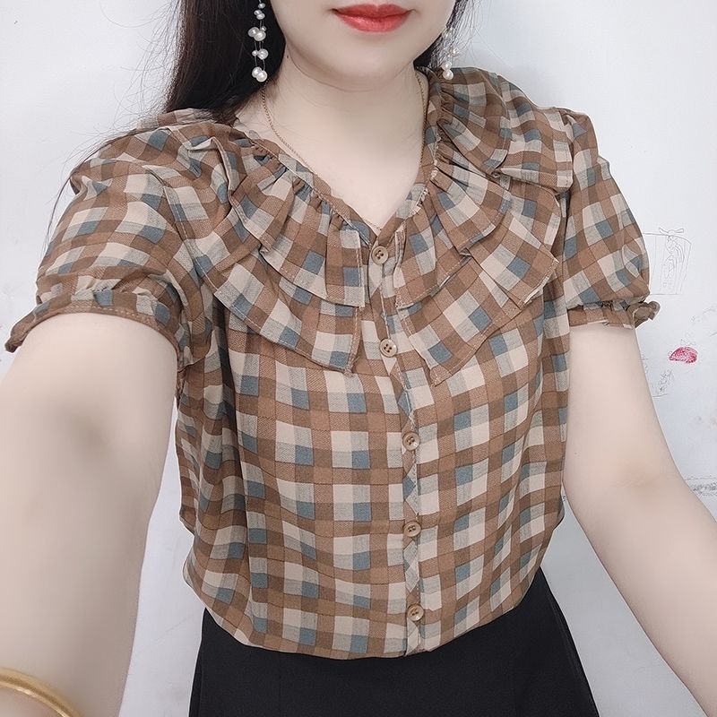 欧货短袖娃娃领格子衬衫女夏设计感新款显瘦短袖T恤木耳边上衣潮