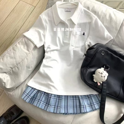 原创收腰polo衫JK制服日系甜美校供学院风刺绣白色短袖t恤上衣夏