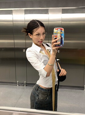 纯欲设计感翻领条纹七分袖衬衫女时尚小众修身显瘦百搭上衣新款夏