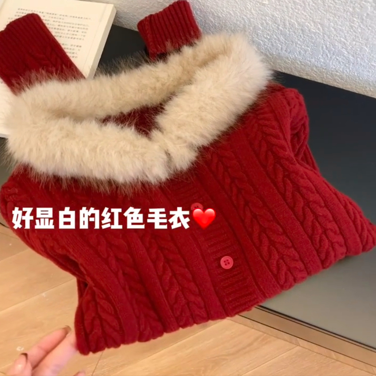 圣诞套头麻花红色毛衣女秋冬慵懒风保暖可拆卸毛领针织衫内搭上衣