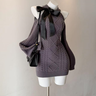 针织上衣 设计感纯欲风长袖 甜辣一字肩蝴蝶结麻花毛衣女秋冬季 新款