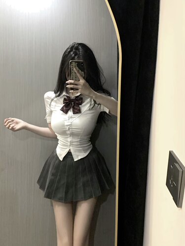 纯欲风jk制服收腰衬衫女上衣夏季修身显瘦白色短袖衬衣辣妹裙套装
