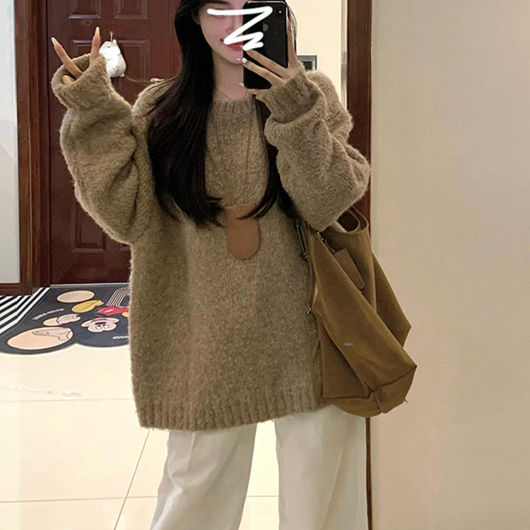 韩系慵懒风高级感棕色套头针织衫