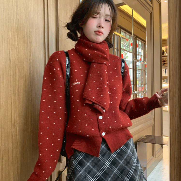 学院风韩系雪花撞色毛衣开衫