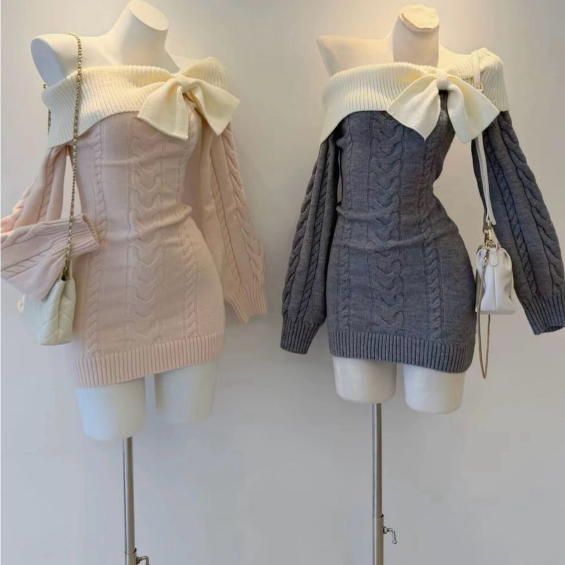 纯欲辣妹风连衣裙一字肩显瘦收腰秋冬毛衣设计感蝴蝶结针织包臀裙