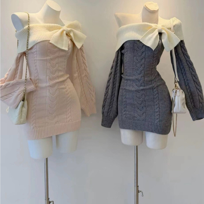 纯欲辣妹风连衣裙一字肩显瘦收腰秋冬毛衣设计感蝴蝶结针织包臀裙