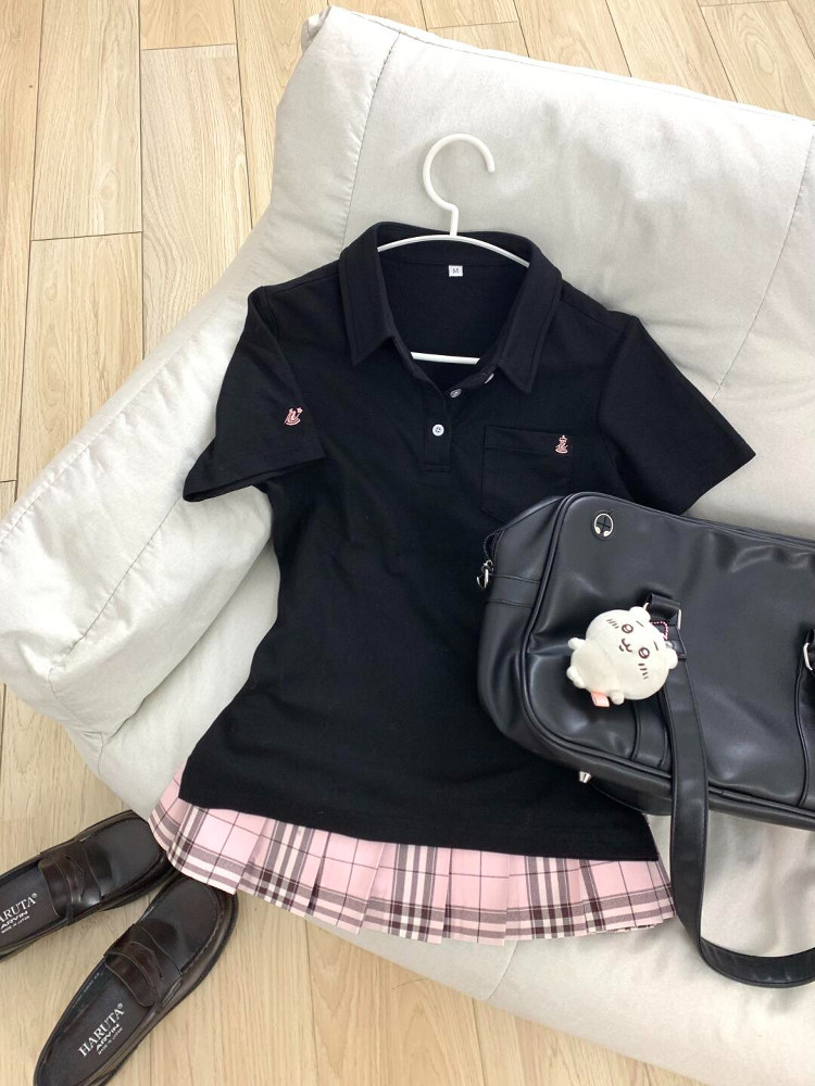 原创正版polo衫JK制服日系收腰刺绣短袖学院风t恤甜美校供上衣夏