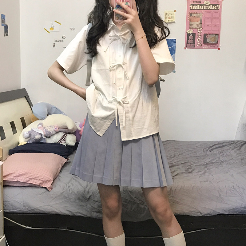 学院风原创JK制服短袖衬衫白色系带衬衣韩式设计感宽松短袖上衣夏