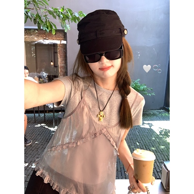 aaaaxbbb吊带上衣减龄套装短袖女