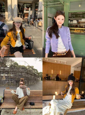 aaaaxbbb 滨海湾花园 三色羊毛针织开衫显瘦圆领纽扣长袖毛衣外套