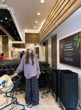 aaaaxbbb 随性timing 韩系紫色磨毛格子裤秋冬加厚松紧休闲裤长裤