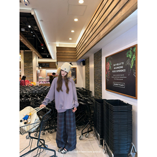 aaaaxbbb 随性timing 韩系紫色磨毛格子裤秋冬加厚松紧休闲裤长裤