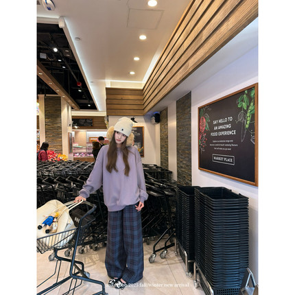 aaaaxbbb 随性timing 韩系紫色磨毛格子裤秋冬加厚松紧休闲裤长裤