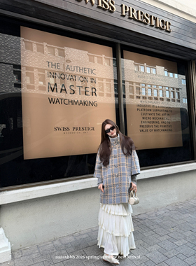 aaaaxbbb 再会汤柏丽 两色时髦格纹大衣单排扣立领设计七分袖外套