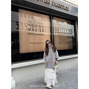 aaaaxbbb 再会汤柏丽 两色时髦格纹大衣单排扣立领设计七分袖外套