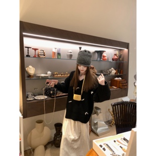 aaaaxbbb 珍妮古着商店 珍珠蝴蝶结羊毛针织衫女显瘦韩系毛衣