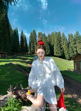 aaaaxbbb 鸢尾丁香结 白色亚麻棉四件套披肩上衣系带衬衫长/短裙