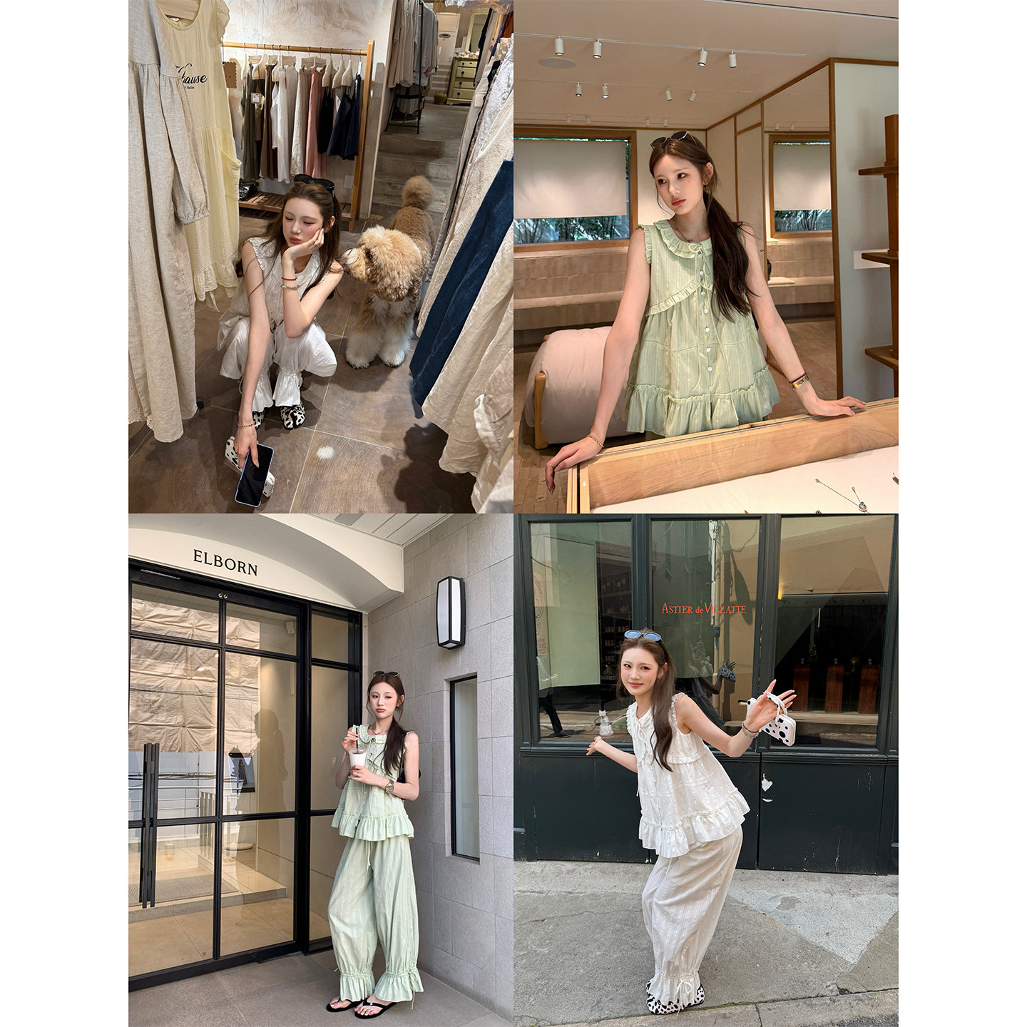 aaaaxbbb 清迈花集 无袖花边衬衫+花边灯笼裤法式少女感纯棉套装