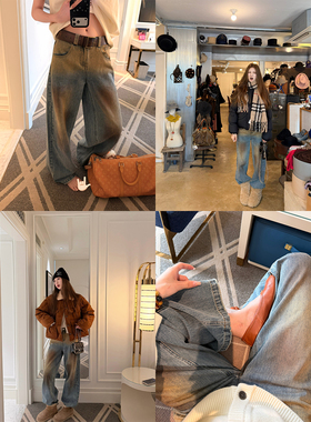 aaaaxbbb 里约摇滚客 水洗复古做旧牛仔裤直筒显瘦宽松长裤女秋冬