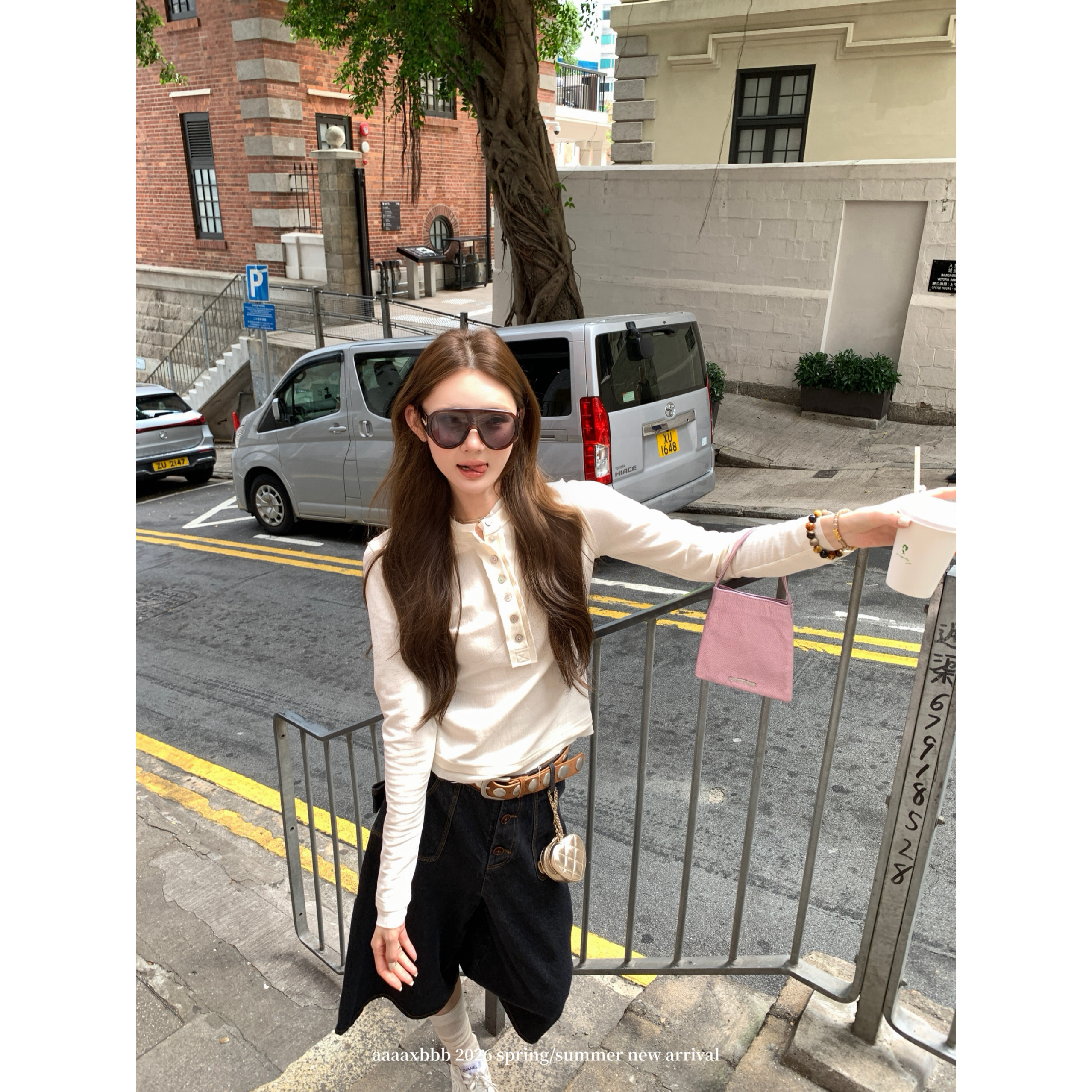 aaaaxbbb 新西兰街区女孩 天丝亨利衫单排扣长袖T恤口袋打底上衣