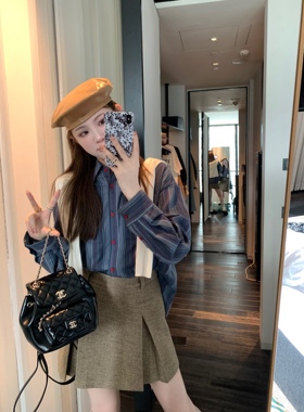 aaaaxbbb Seoul自习室条纹衬衫女蓝色全棉长袖宽松高级感衬衣